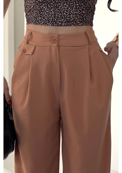 Kadın Jessia Bel ve Paça Düğmeli Balon Model Likralı Kumaş Pantolon