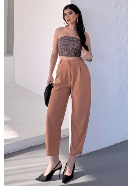 Kadın Jessia Bel ve Paça Düğmeli Balon Model Likralı Kumaş Pantolon modelleri