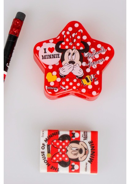 Dekomus Ile Lisanslı Mınnıe Mouse 3 Adet Silgili Kurşun Kalem,ruj Silgi ve Yıldız Kalemtraş Seti