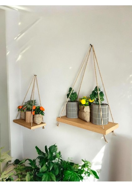 2 Adet Ahşap Duvar Rafı, Pinterest Tarzı Raf, Hasır Askılı Çiçeklik ve Dekoratif Raf