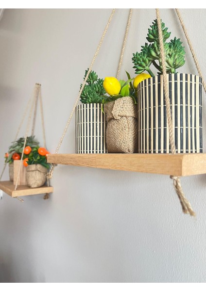 2 Adet Ahşap Duvar Rafı, Pinterest Tarzı Raf, Hasır Askılı Çiçeklik ve Dekoratif Raf