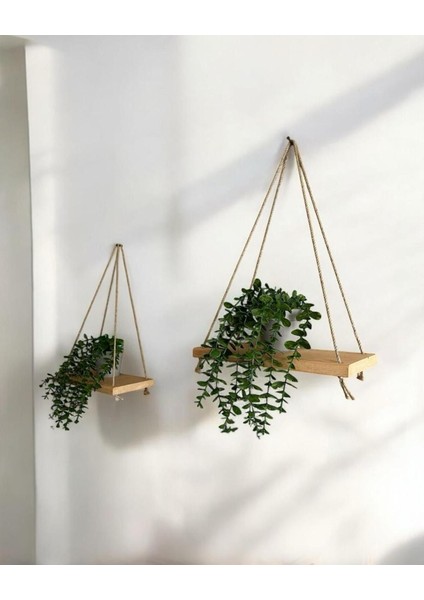 2 Adet Ahşap Duvar Rafı, Pinterest Tarzı Raf, Hasır Askılı Çiçeklik ve Dekoratif Raf