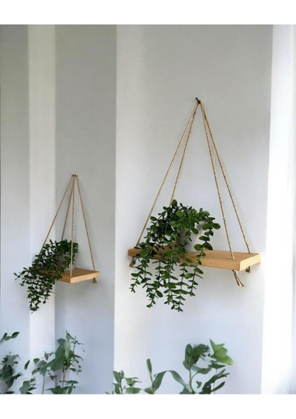 2 Adet Ahşap Duvar Rafı, Pinterest Tarzı Raf, Hasır Askılı Çiçeklik ve Dekoratif Raf