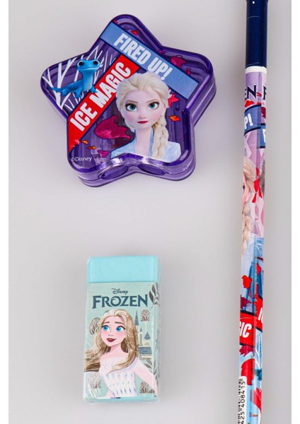 Lisanslı Elsa Frozen 3 Adet Silgili Kurşun Kalem,yıldız Kalemtraş ve Silgi Seti