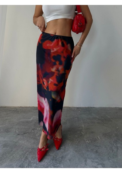 Kadın Livia Astarlı Likralı Desenli Uzun Tül Etek