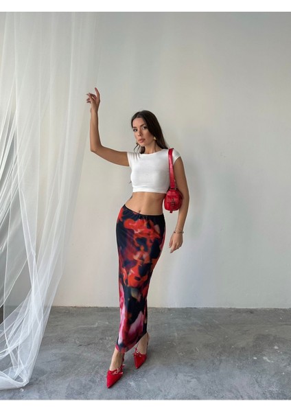 Kadın Livia Astarlı Likralı Desenli Uzun Tül Etek modelleri