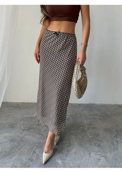 Kadın Livia Astarlı Likralı Desenli Uzun Tül Etek