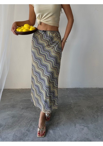 Kadın Livia Astarlı Likralı Desenli Uzun Tül Etek