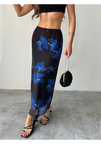 Kadın Livia Astarlı Likralı Desenli Uzun Tül Etek