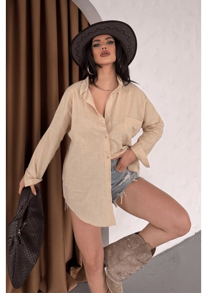 Kadın Marlot Oversize Keten Gömlek, 2025 Summer Collection fırsatları