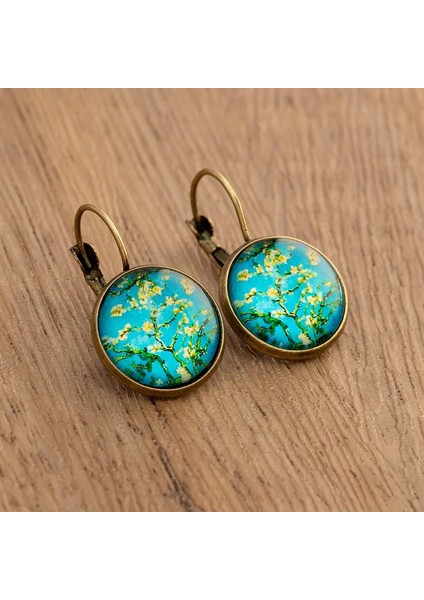 Vintage Çiçek Baskılı Yuvarlak Küpe Bakır