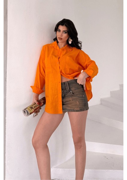 Kadın Harper Çift Cepli Oversize Keten Gömlek, 2025 Summer Collection