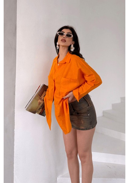 Kadın Harper Çift Cepli Oversize Keten Gömlek, 2025 Summer Collection fırsatları