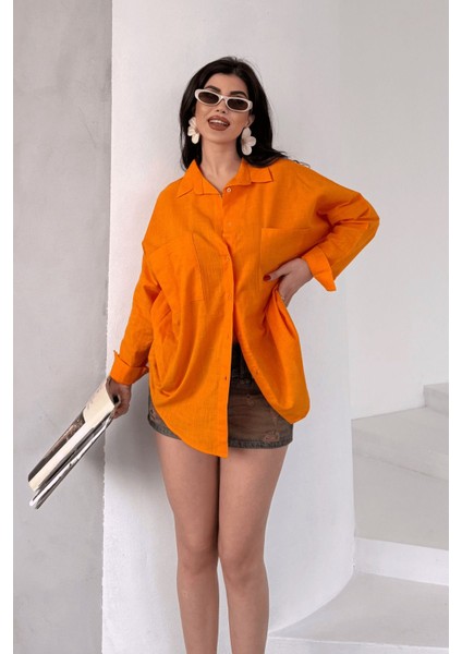 Kadın Harper Çift Cepli Oversize Keten Gömlek, 2025 Summer Collection indirimleri