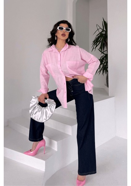 Kadın Harper Çift Cepli Oversize Keten Gömlek, 2025 Summer Collection