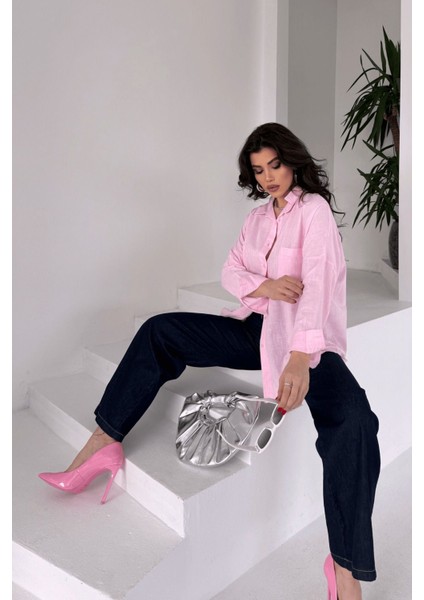 Kadın Harper Çift Cepli Oversize Keten Gömlek, 2025 Summer Collection