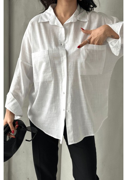 Kadın Harper Çift Cepli Oversize Keten Gömlek, 2025 Summer Collection