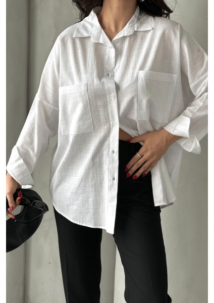 Kadın Harper Çift Cepli Oversize Keten Gömlek, 2025 Summer Collection