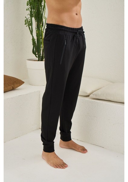Erkek Siyah Standart Fit Normal Kesim 2 Iplik Cepli Rahat Pamuklu Jogger Eşofman Altı