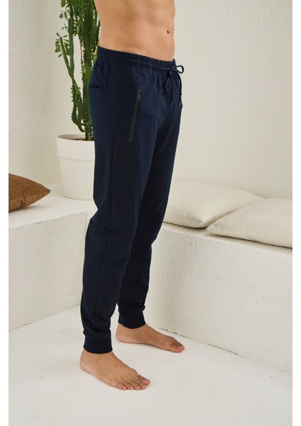 Erkek Lacivert Standart Fit Normal Kesim 2 Iplik Cepli Rahat Pamuklu Jogger Eşofman Altı