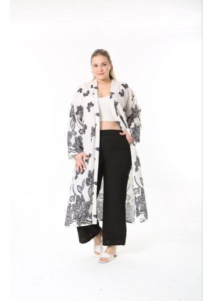 Kadın Büyük Beden Keten Kimono ve Pantolon Alt Üst Takım 24752
