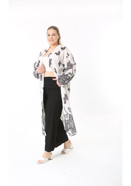 Kadın Büyük Beden Keten Kimono ve Pantolon Alt Üst Takım 24752 modelleri