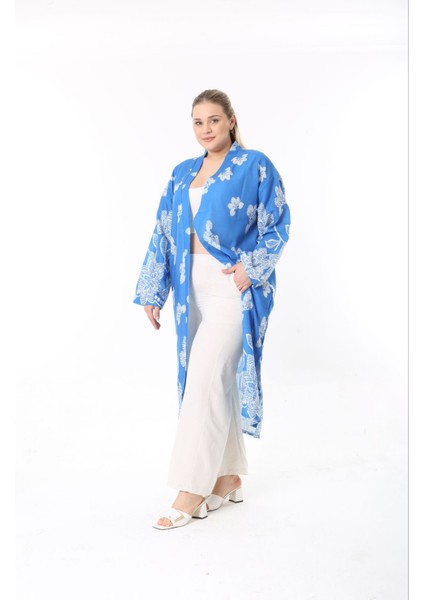 Kadın Büyük Beden Keten Kimono ve Pantolon Alt Üst Takım 24752