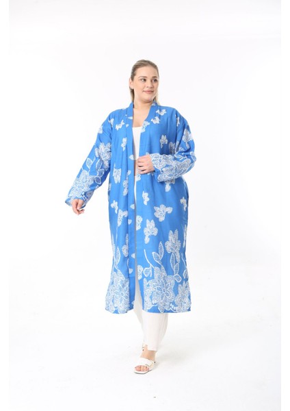 Kadın Büyük Beden Keten Kimono ve Pantolon Alt Üst Takım 24752 fırsatları