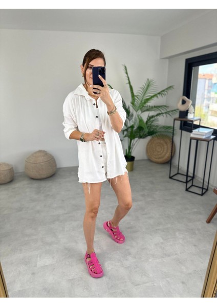 Kadın Olivia Oversize Bürümcük Kumaş Yazlık Gömlek fırsatları