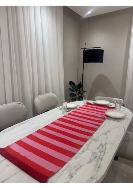 Kırmızı Pembe Çizgili Püsküllü 43X135 cm Runner