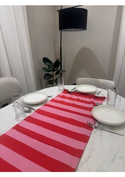 Kırmızı Pembe Çizgili Püsküllü 43X135 cm Runner fiyatları