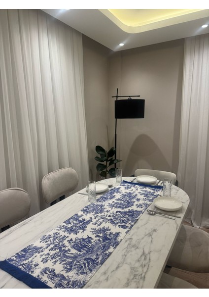 Mavi Püsküllü, Fransız Köylüler Baskılı Keten Runner 43 x 135 cm