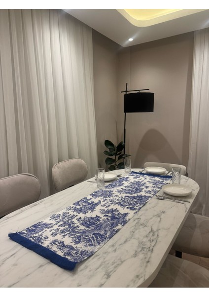 Mavi Püsküllü, Fransız Köylüler Baskılı Keten Runner 43 x 135 cm fiyatları