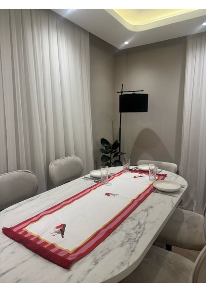 Kırmızı Pembe Kuşlu Püsküllü 43 x 135 cm Runner