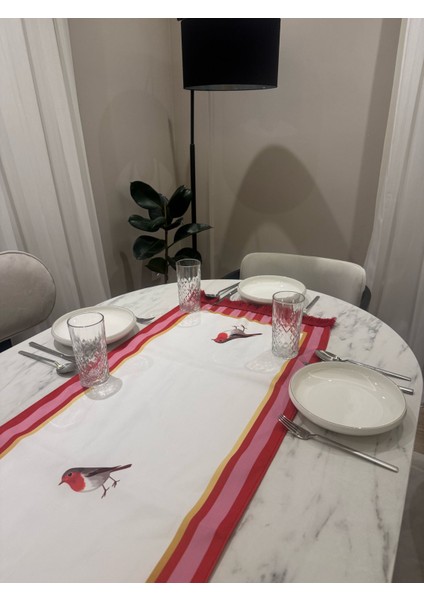 Kırmızı Pembe Kuşlu Püsküllü 43 x 135 cm Runner