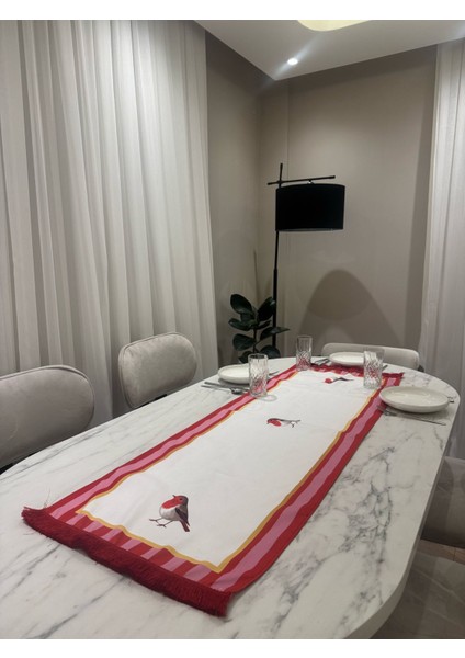 Kırmızı Pembe Kuşlu Püsküllü 43 x 135 cm Runner