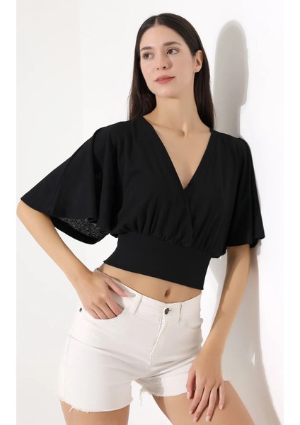 Nola Kadın Kruvaze Volan Kollu Ajur Jakarlı Crop Top & Bluz & Penye Bluz - Siyah