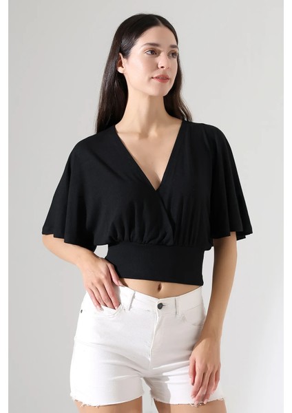 Nola Kadın Kruvaze Volan Kollu Ajur Jakarlı Crop Top & Bluz & Penye Bluz - Siyah