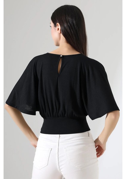 Nola Kadın Kruvaze Volan Kollu Ajur Jakarlı Crop Top & Bluz & Penye Bluz - Siyah
