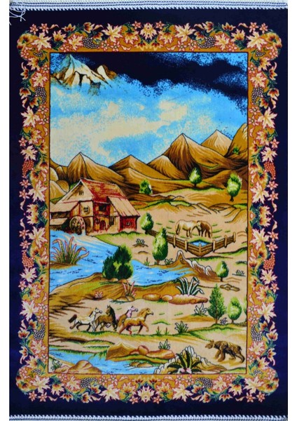 Bambu Iplikten Dokuma Köy Manzarası Tasvirli Iran Duvar Halısı (50X70 Cm)