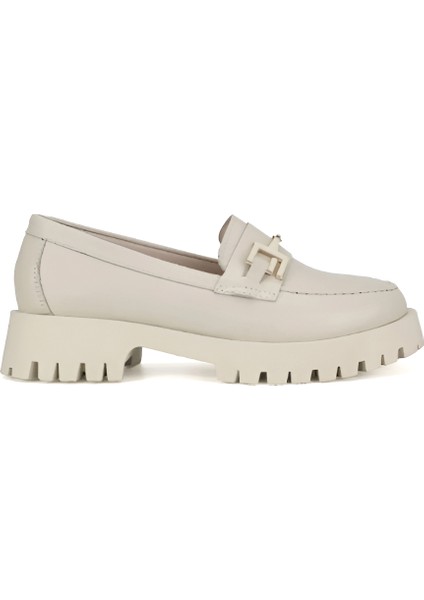 4254 Hakiki Soft Deri Bej Tokalı Kadın Loafer Ayakkabı
