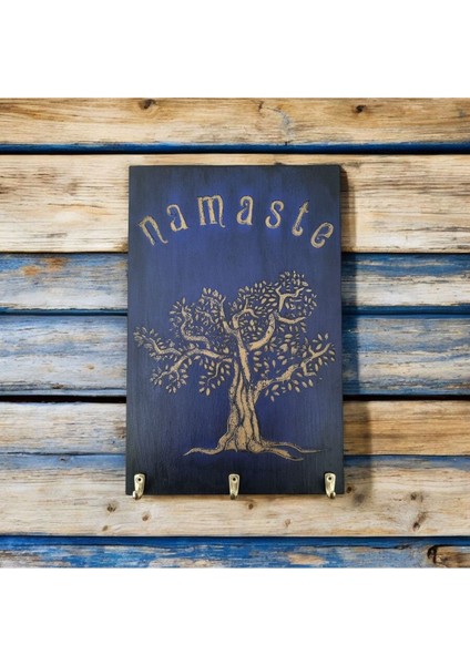 El Boyaması Ahşap Anahtarlık Dokulu Kabartmalı Eski Görünümlü Hayat Ağacı Temalı Namaste Yazılı