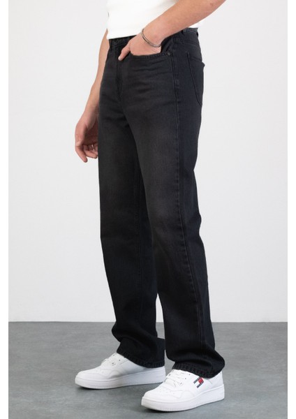 Erkek Antrasit Straight Baggy Fit Likrasız Rahat Kesim %100 Pamuk Loose Jean Pantolon George