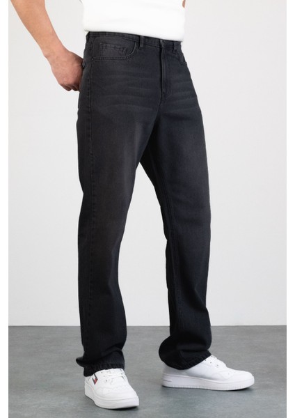 Erkek Antrasit Straight Baggy Fit Likrasız Rahat Kesim %100 Pamuk Loose Jean Pantolon George