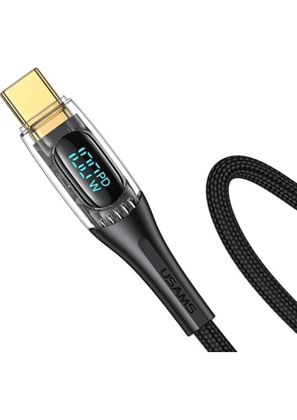 Usams SJ591 Type-C To Type-C Pd 100W Şeffaf Dijital Ekran Kablo Hızlı Şarj 2m (Siyah)