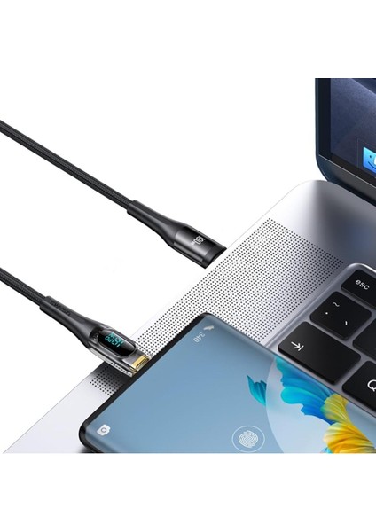 Usams SJ591 Type-C To Type-C Pd 100W Şeffaf Dijital Ekran Kablo Hızlı Şarj 2m (Siyah)