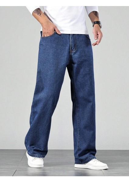 Erkek Baggy Model Asit Yıkama Lacivert Kot Pantolon