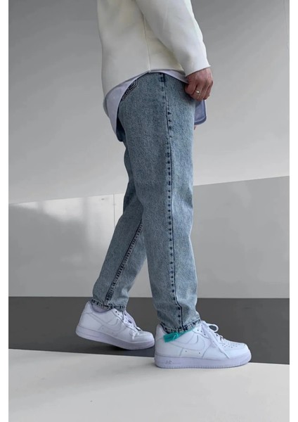 Erkek Asit Yıkama Yıpratmalı Mavi Kot Baggy Pantolon Jean