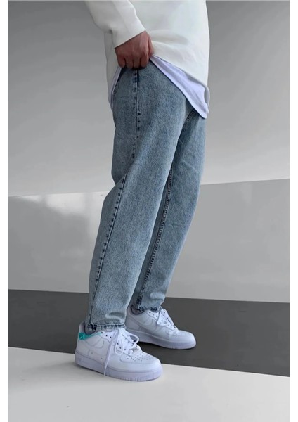 Erkek Asit Yıkama Yıpratmalı Mavi Kot Baggy Pantolon Jean