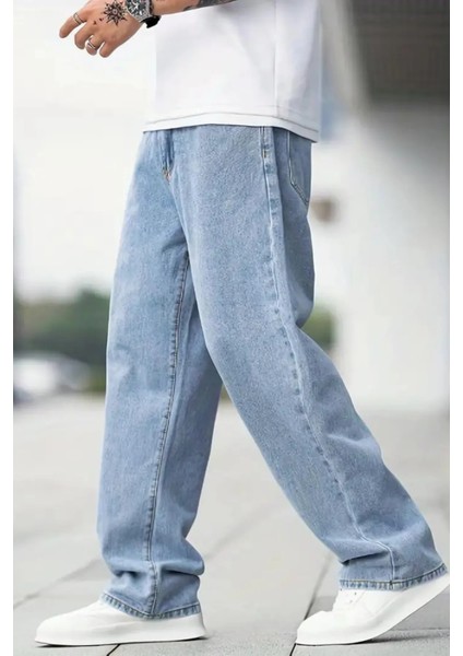 Erkek Baggy Model Açık Mavi Asit Yıkama Kot Pantolon Denim Jean